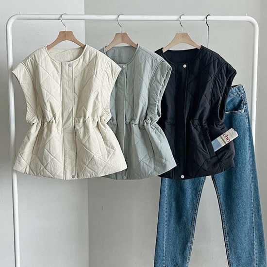 여자 다이아 누빔 스트링 노카라 간절기 패딩 베스트