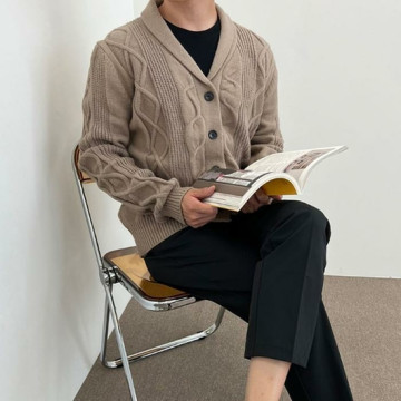 [라일리] Rly 남성 학생 봄 가을 브라운 꽈배기 두꺼운 단추가디건