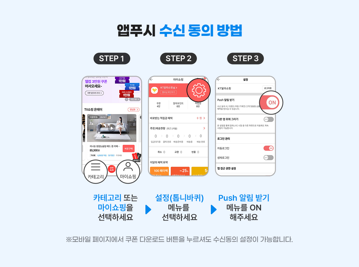 앱푸시 수신 동의 방법 / STEP1. 카테고리 또는 마이쇼핑을 선택하세요, STEP2. 설정(톱니바퀴) 메뉴를 선택하세요, STEP3. Push 알림 받기 메뉴를 ON 해주세요 / 쿠폰 다운로드 버튼을 누르셔도 수신동의 설정이 가능합니다.
